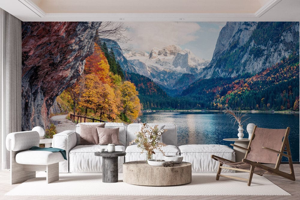 unique lake and snowy mountain landscape wall mural art 