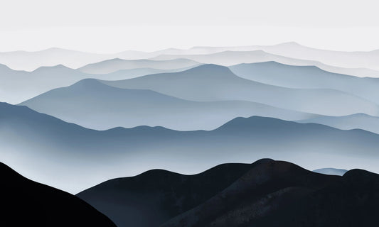 wallpaper mural featuring a misty mountain for use in interior design.