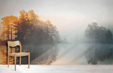 Misty Forest Lake Sunrise Mural Wallpaper