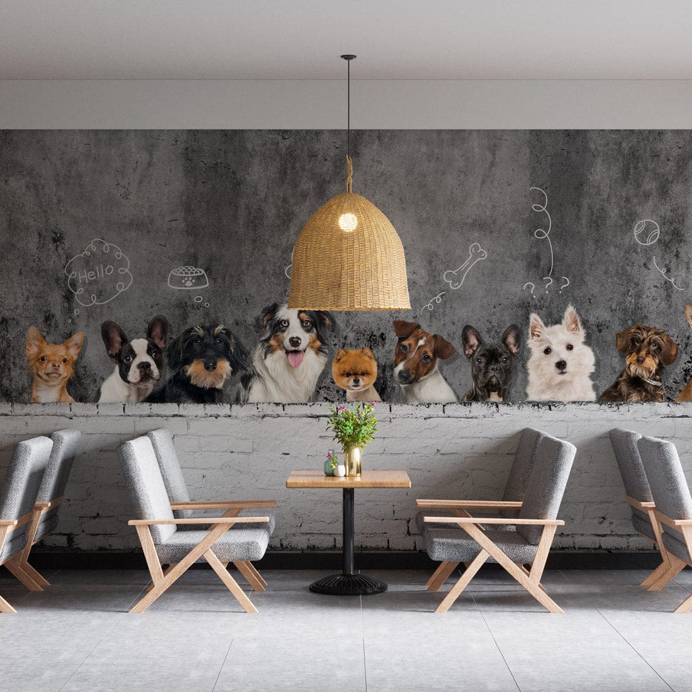 for a caf�� or restaurant, a gray-and-white dog wallpaper mural