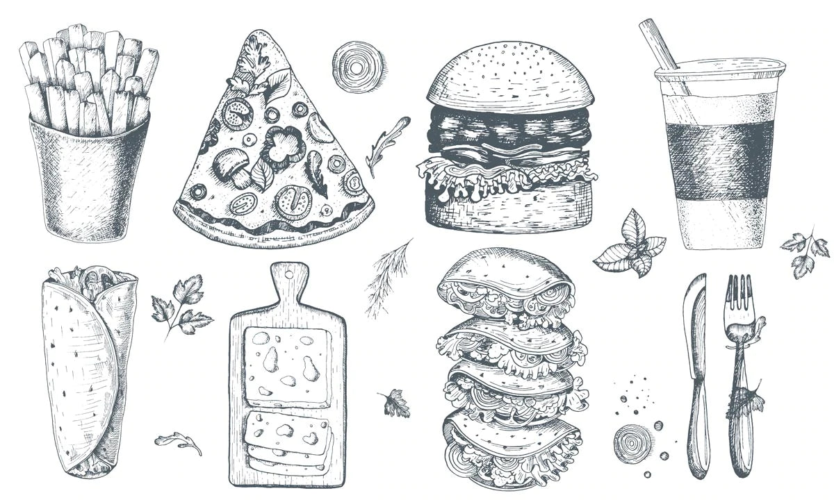 Monochrome Sketch Food Pattern Mural Wallpaper