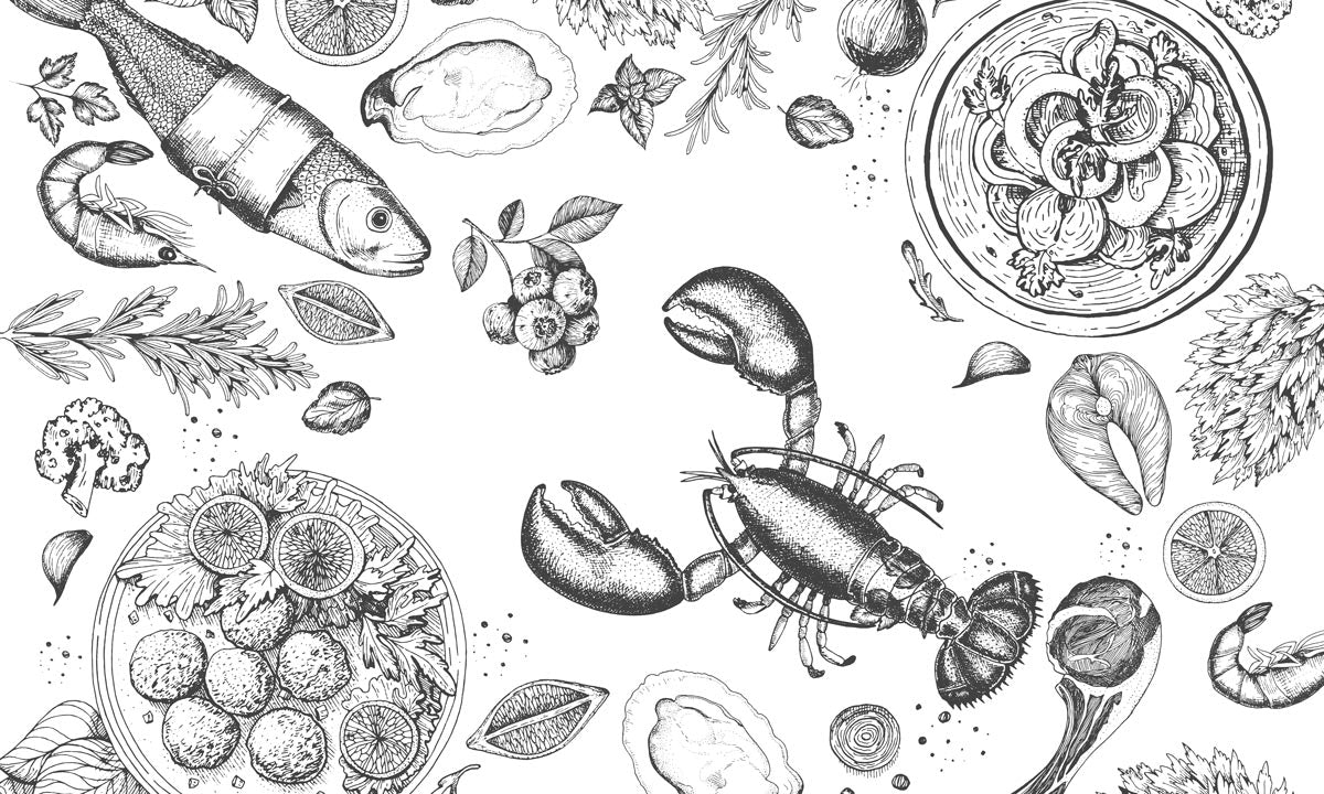 Black White Monochrome Seafood Mural Wallpaper