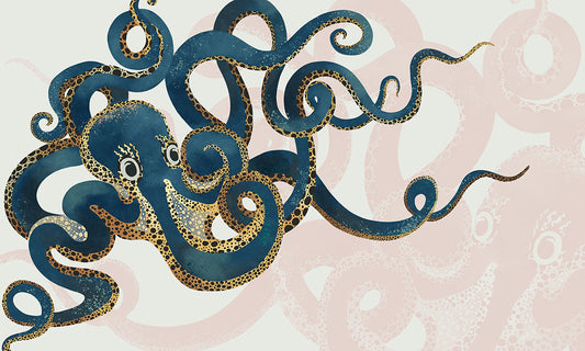 Nautical Octopus Navy Gold Mural Wallpaper