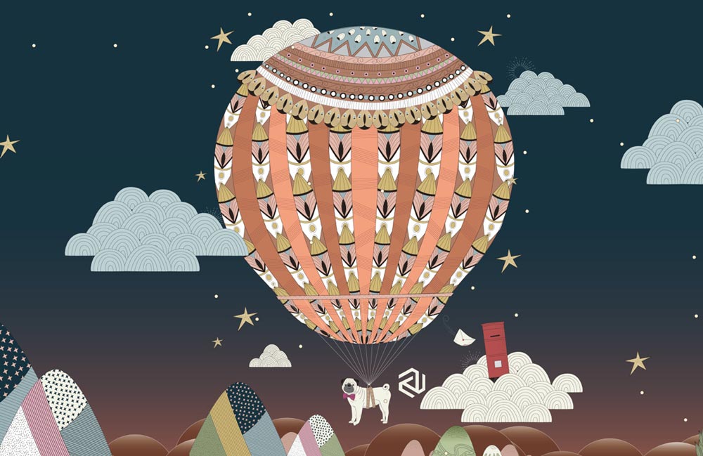 Wallpaper mural depicting a hot air balloon that may be used for home decoration