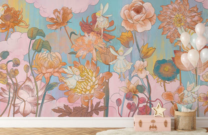 Whimsical Pastel Floral Mural Wallpaper in children's room