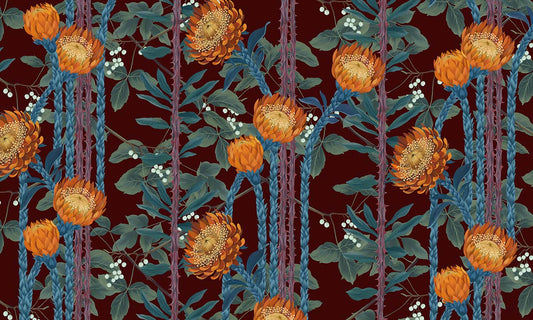Bold Orange Floral Art Mural Wallpaper