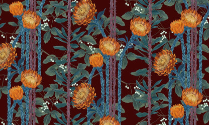 Bold Orange Floral Art Mural Wallpaper
