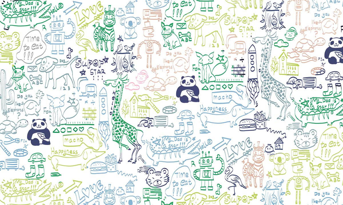 Colorful Hand-Drawn Animal Kid's Mural Wallpaper