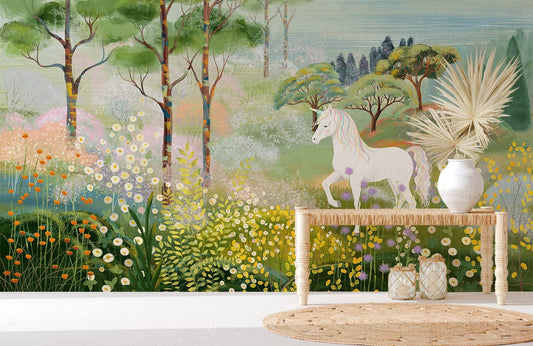 Enchanted Forest Unicorn Wall Mural in playroom