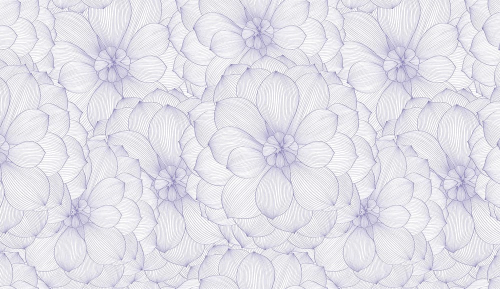 for the room's decor, a distinctive purple floral wallpaper