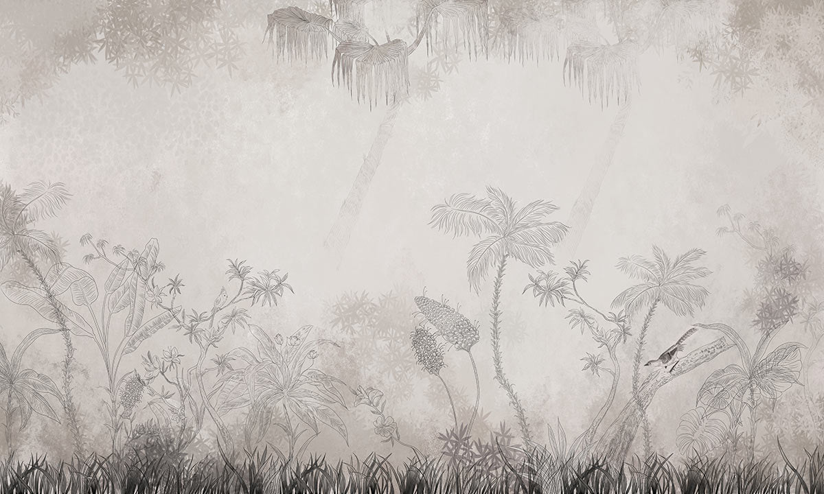 Grey Tropical Jungle Silhouette Mural Wallpaper