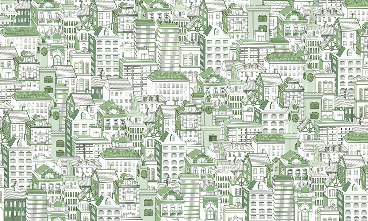 Green Urban Landscape Illustrative Mural Wallpaper