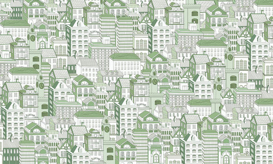 Green Urban Landscape Illustrative Mural Wallpaper