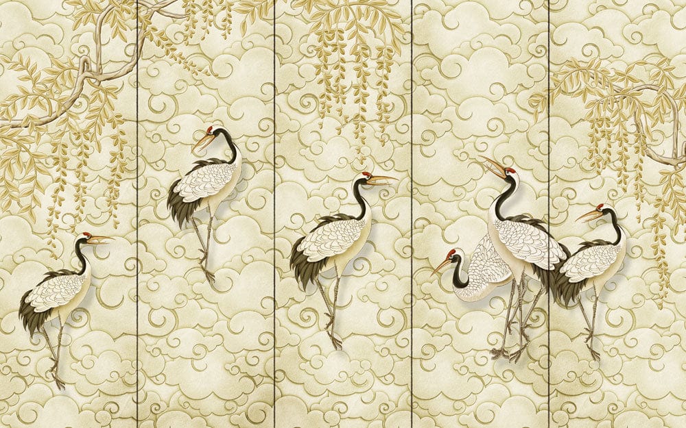 Elegant Golden Crane Mural Wallpaper
