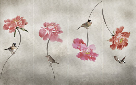 peony and bird scene wall mural art