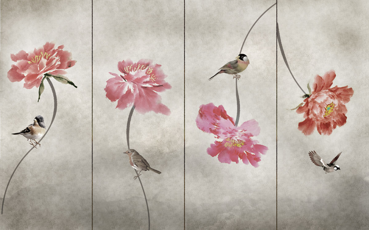 Elegant Floral Bird Watercolor Mural Wallpaper
