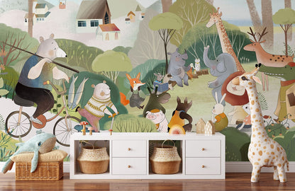 Colorful Whimsical Animal Mural Wallpaper in children's room