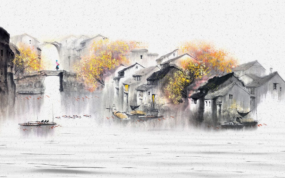Herbst Aquarell Dorf Landschaft Wandmalerei