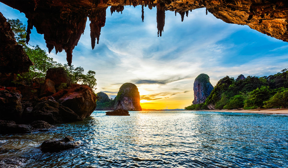 Tropical Beach Sunset Cave Mural Wallpaper