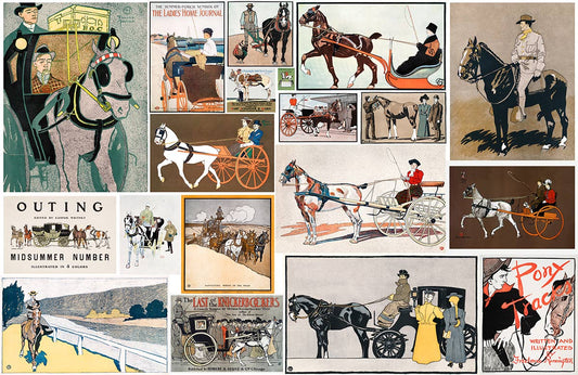 Vintage Equestrian Illustration Collage Mural Wallpaper