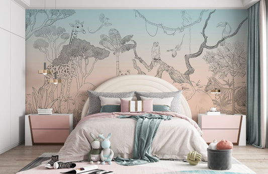Safari Adventure Animal Sketch Mural Wallpaper in bedroom