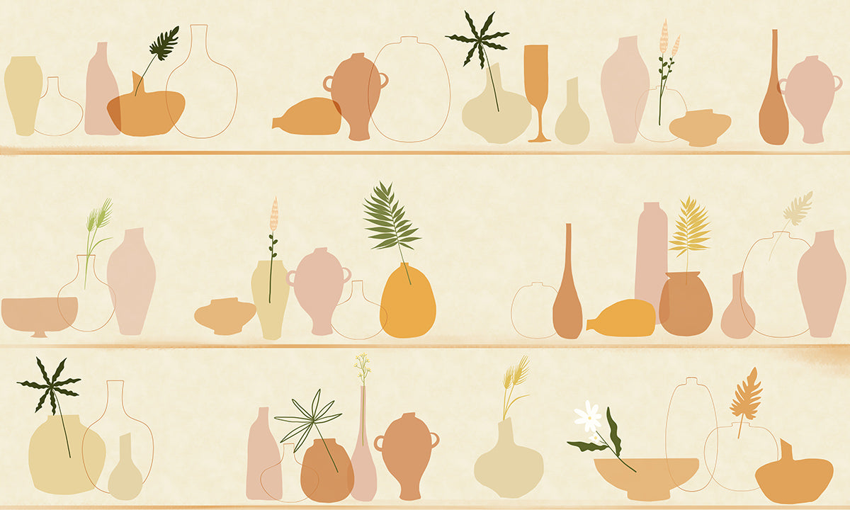 Neutral Botanical Vase Pattern Mural Wallpaper