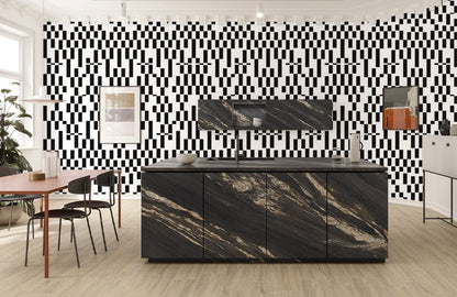 Modern Geometric Bauhaus Black White Wallpaper in Kitchen