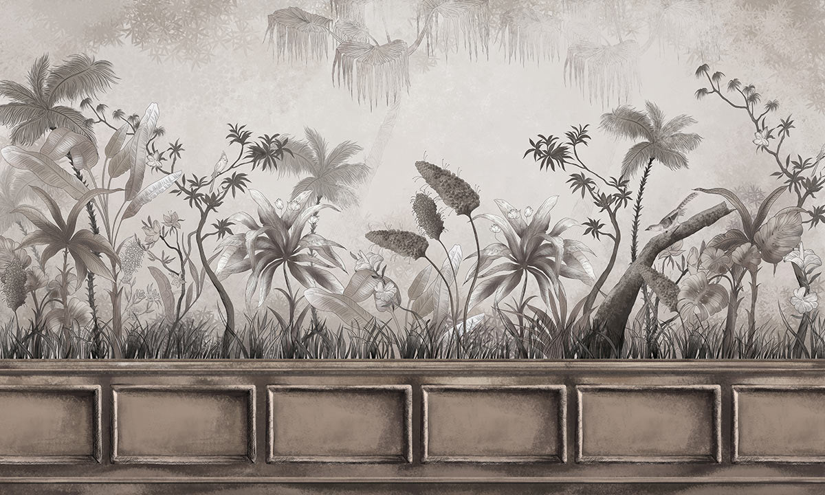 Plain Wallpaper with Moving Plants and a Mural