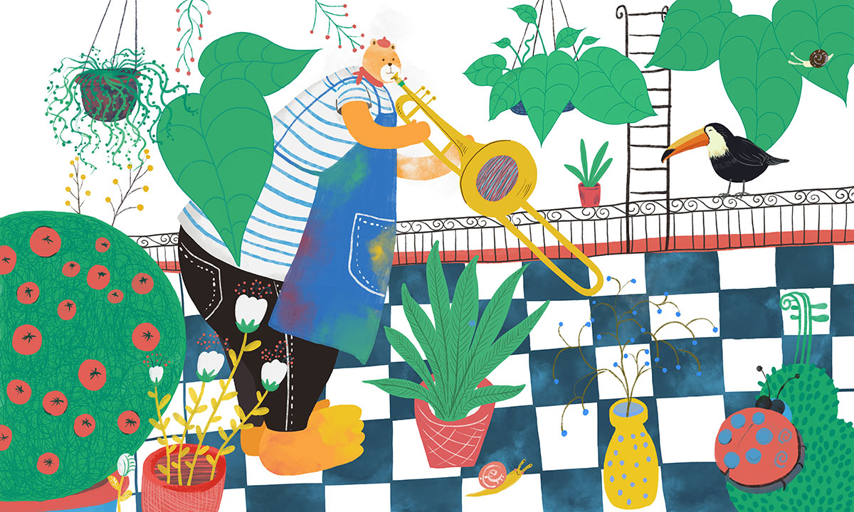 Illustrazione Murale di Giardino Fantasioso e Colorato