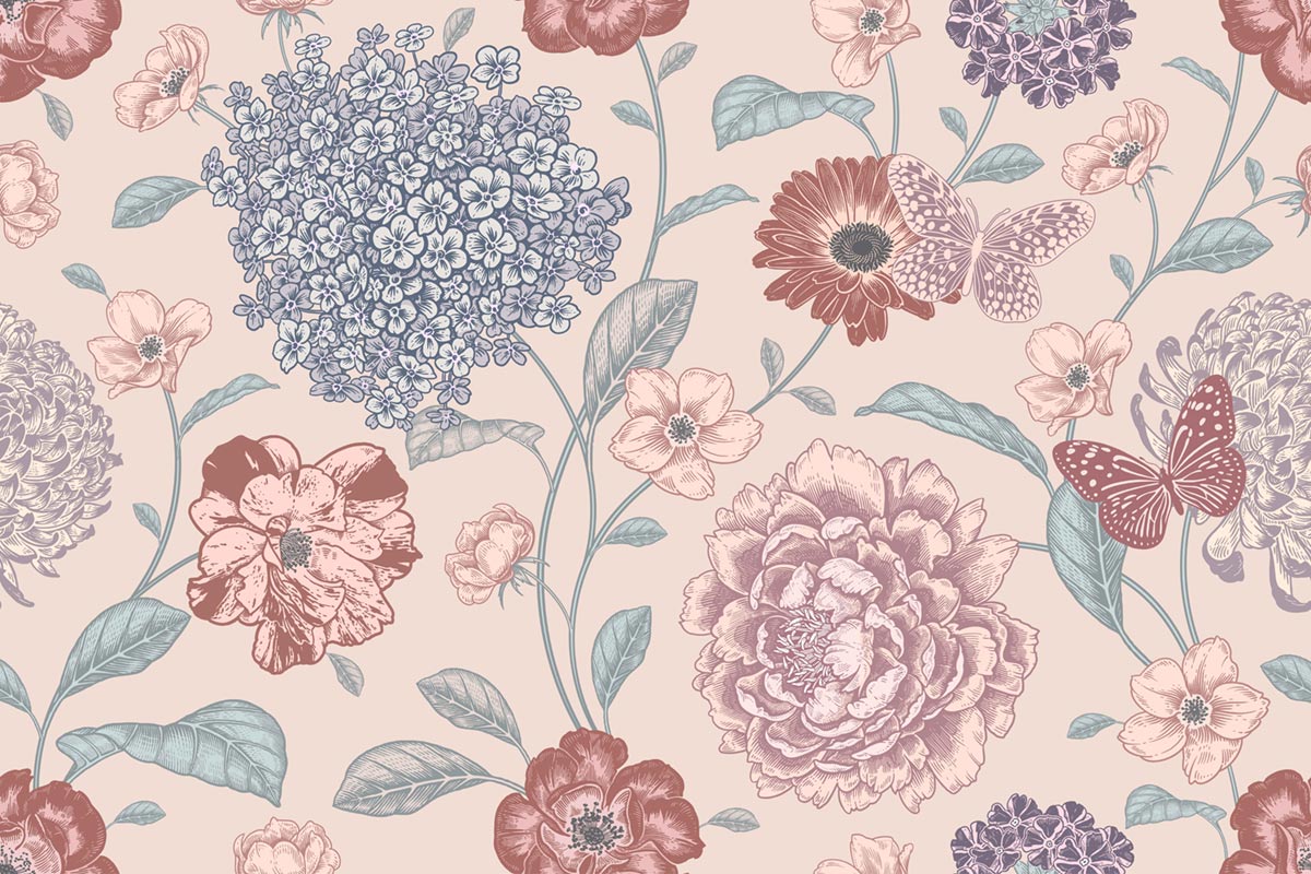 Vintage Floral Pink Butterfly Mural Wallpaper