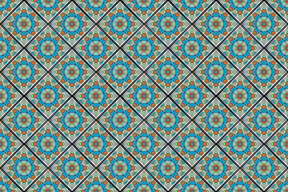 Vintage Teal Geometric Floral Mural Wallpaper