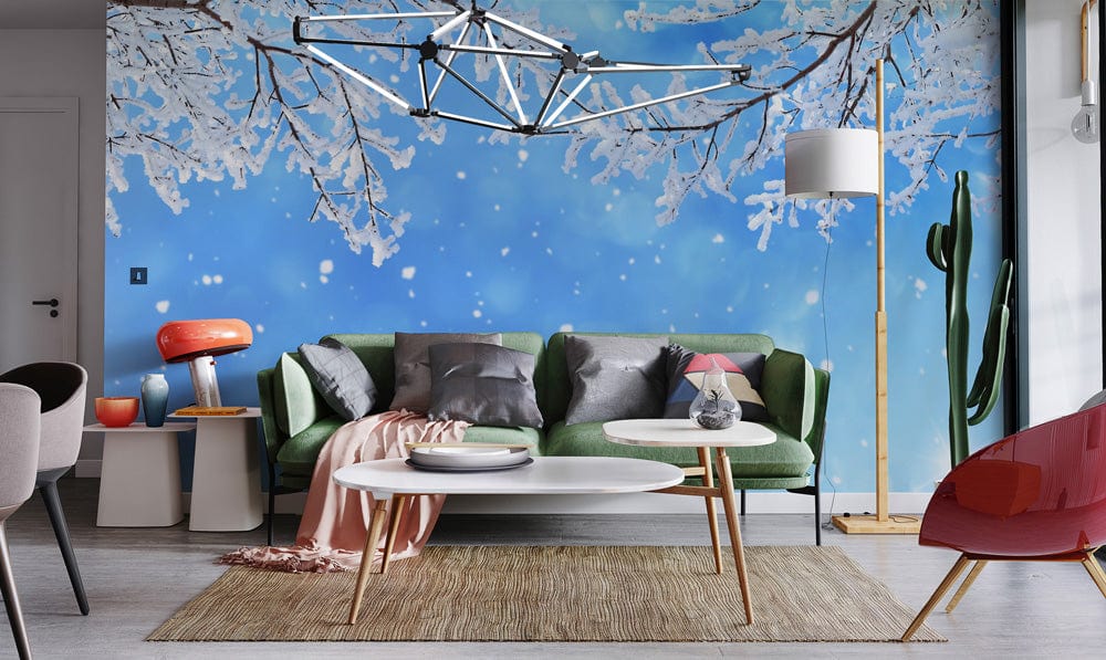 snow scenery with frozen branches wallpaper mural design
