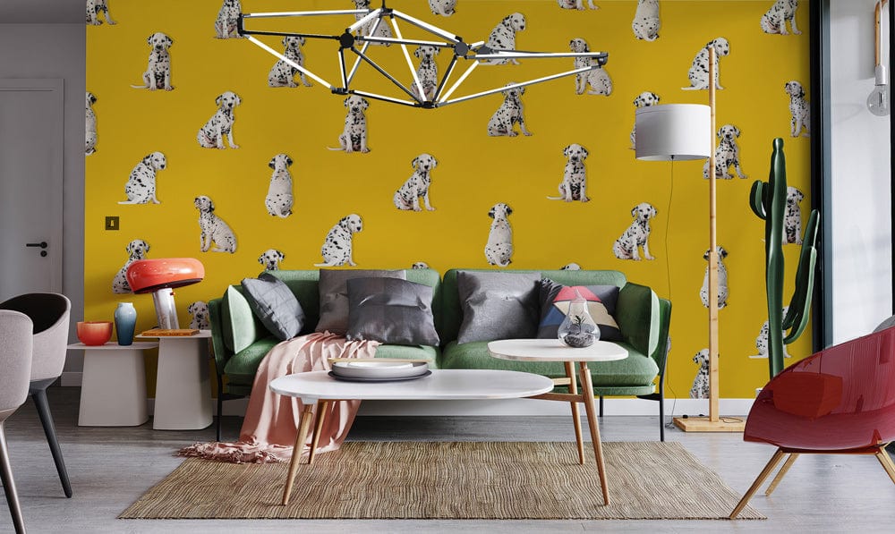 murals of spotted pups on a yellow backdrop for a living room