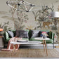 Living room bespoke wallpaper with an image of a wild forest and its inhabitants