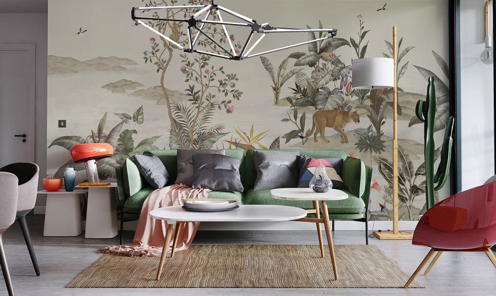 Living room bespoke wallpaper with an image of a wild forest and its inhabitants