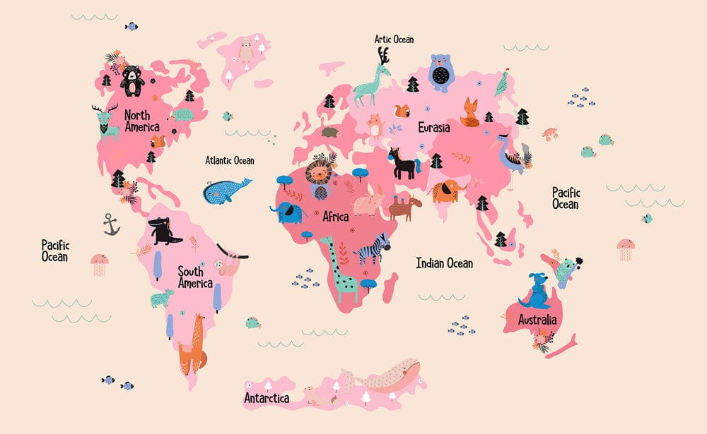 Whimsical Animal World Map Wallpaper Mural