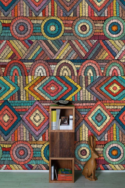 Colorful Geometric Boho Chic Mural Wallpaper in living room