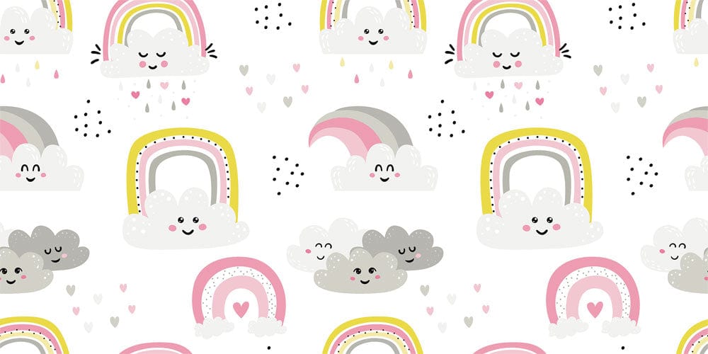 a baby's nursery with a nice cloud wallpaper
