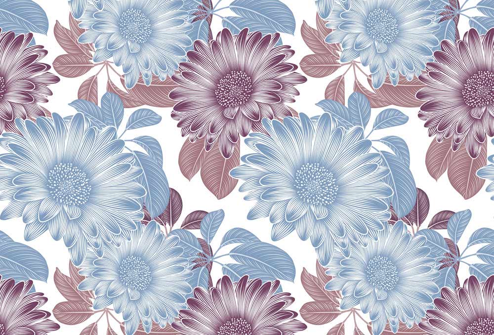 wallpaper with a floral pattern in shades of blue and purple
