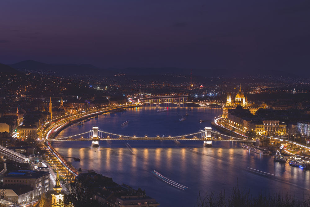 Twilight Cityscape River Bridge Mural Wallpaper
