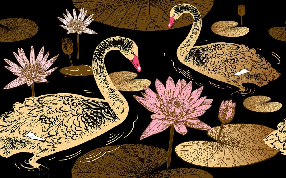 mural art of a geese and lotus painting