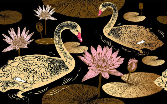 mural art of a geese and lotus painting