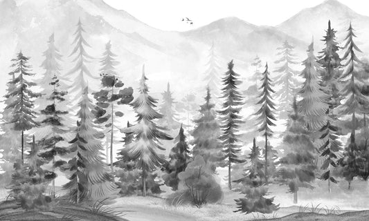 grey watercolor pine forest wall mural home interoior decor