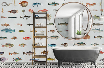 Colorful Marine Life Illustration Mural Wallpaper in bathroom