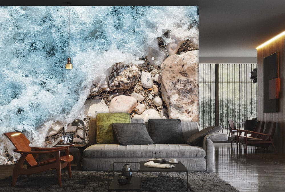 ocean waves with froth and rocks on the shore custom wallpaper for living room