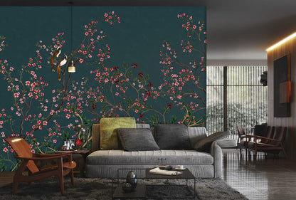 Trees and birds wallpaper mural in jasper for living room