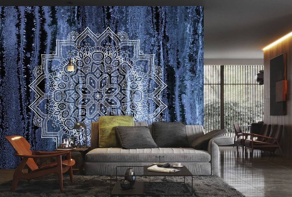 Wall murals for living rooms with pattern wallpaper and a dark blue backdrop