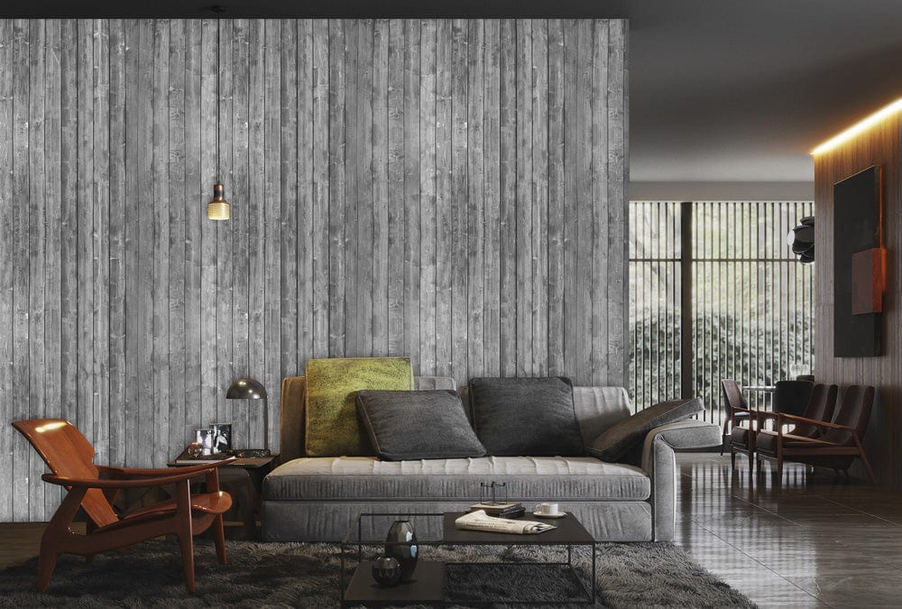 living room wall murals in a cool gray color with unique wood effect wall murals