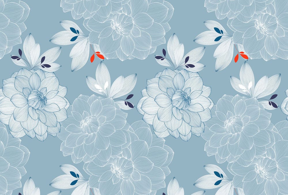 Blue Floral Linework Elegant Mural Wallpaper