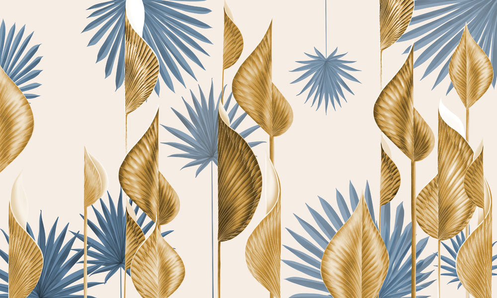 Tropical Blue Gold Leaf Mural Wallpaper